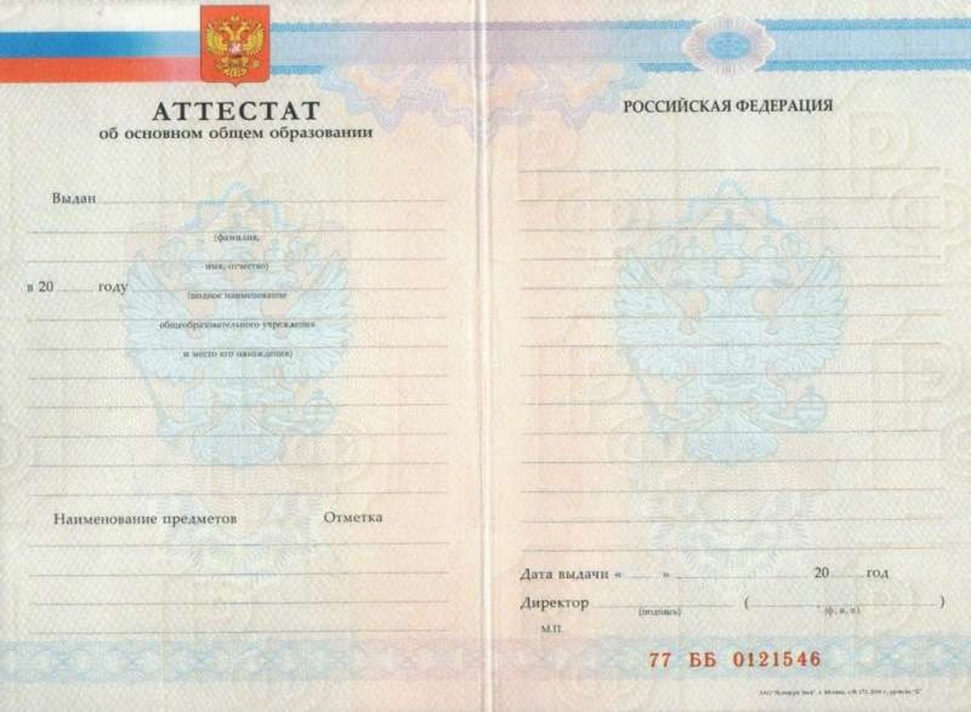 Аттестат за 9 класс с 2008 по 2009 годы